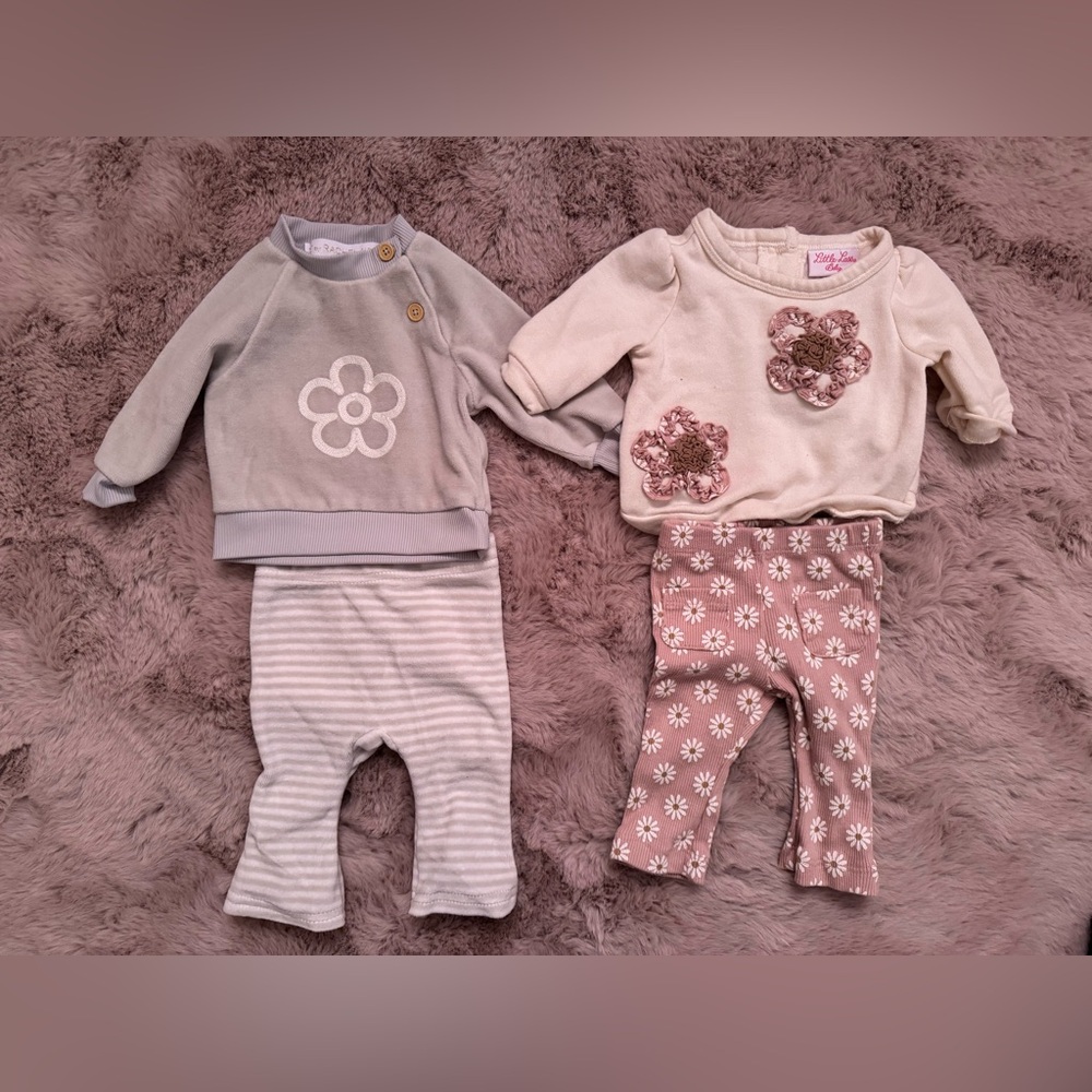 Baby Girl Floral Outfit Set - Gray and Cream